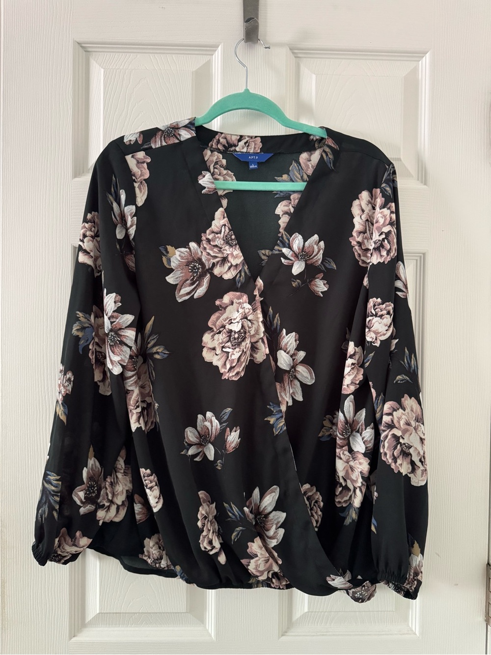 APT. 9 Dark Green Floral Surplice Blouse